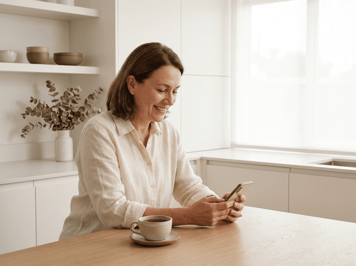 Woman reading a message from her care team
