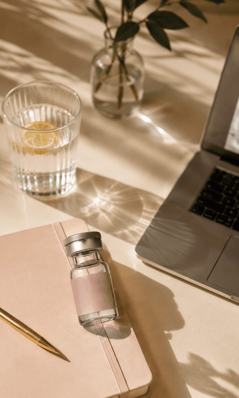 Kina NAD+ vial on desk with laptop — mental clarity and focus