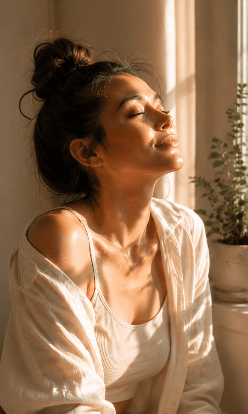 Woman relaxing in morning sunlight — NAD+ for recovery and resilience