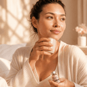 Woman with morning coffee holding Kina NAD+ vial