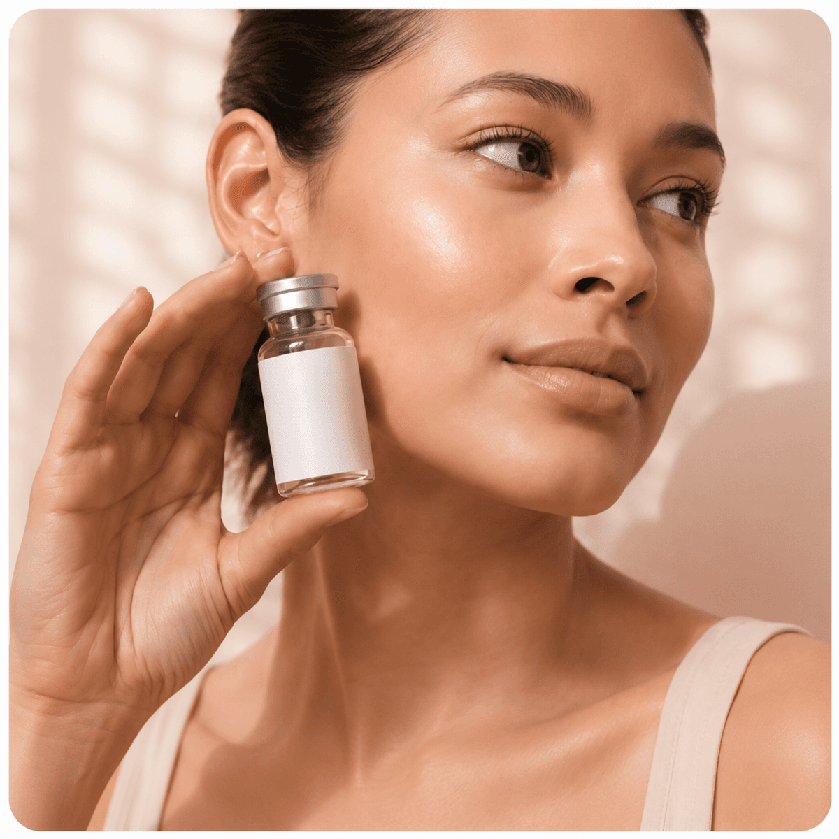Woman holding Kina NAD+ vial in morning light