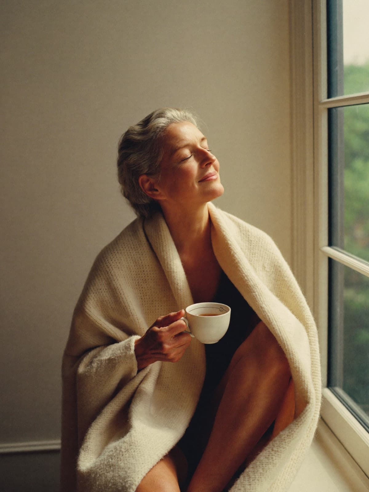 Woman resting peacefully by a bright window
